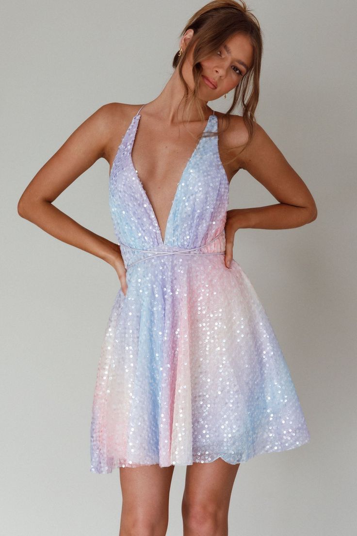 Shop the Floating By Plunging Neckline Mini Dress Sequin Rainbow | Selfie Leslie Rainbow Sequin Mini Dress, V-neck Sequin Mini Dress For Prom, Sequin V-neck Mini Dress For Prom, Sequin Halter Neck Mini Dress For Prom, Pink V-neck Mini Dress With Sequins, V-neck Shimmer Mini Dress For Spring, Sequin Halter Neck Homecoming Dress, Sequin Halter Neck Dress For Homecoming, Spring V-neck Shimmer Mini Dress