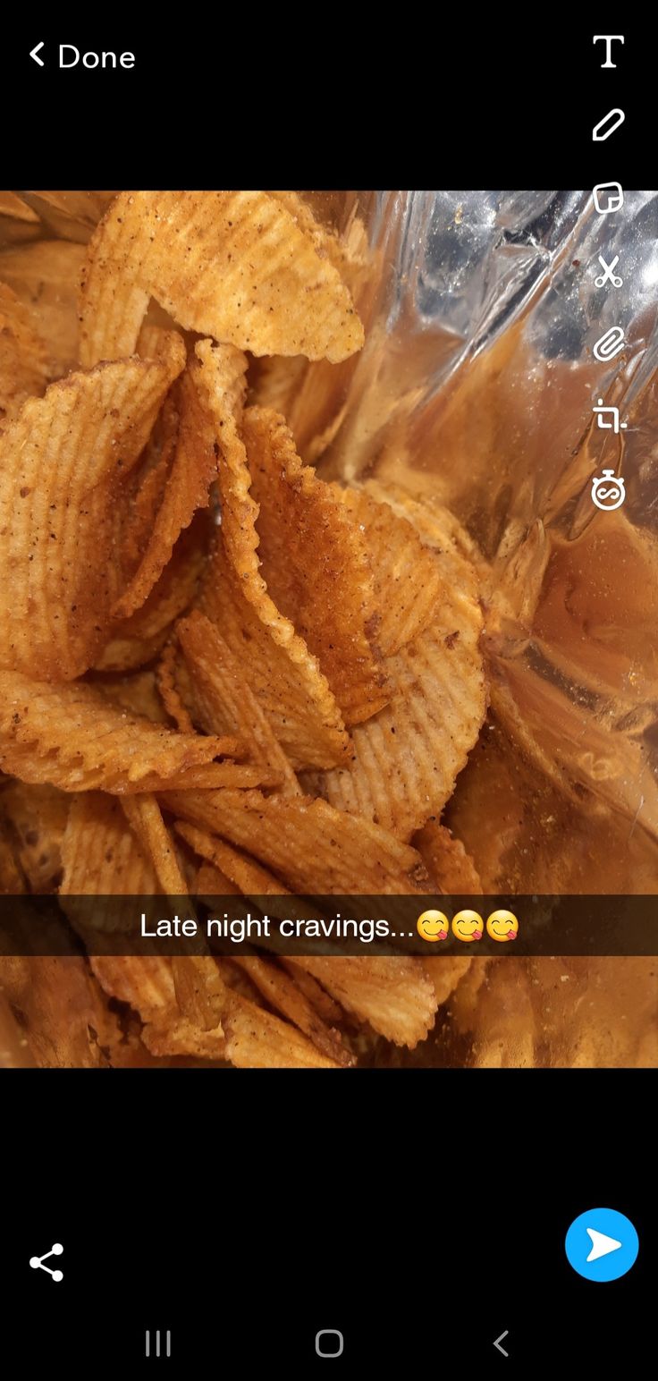 some potato chips in a plastic bag with the text late night craving on it