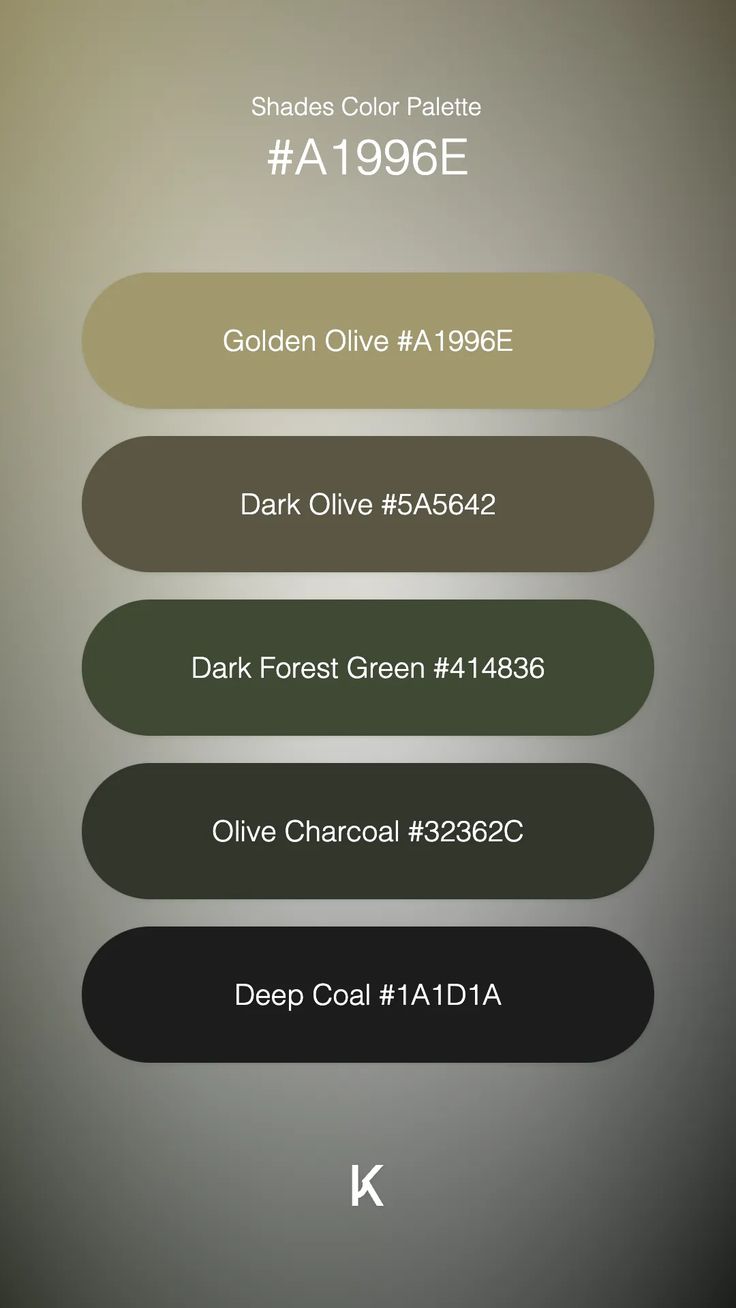 Shades Color Palette Golden Olive #A1996E · Dark Olive #5A5642 · Dark Forest Green #414836 · Olive Charcoal #32362C · Deep Coal #1A1D1A Overtly Olive Colour Palette, Golden Green Color Palette, Olive Drab Color Scheme, Dark Olive Green Color Palette, Dark Olive Color Palette, Dark Green Color Palette Colour Schemes, Color Palette Olive Green, Dark Green Palette, Olive Green Palette