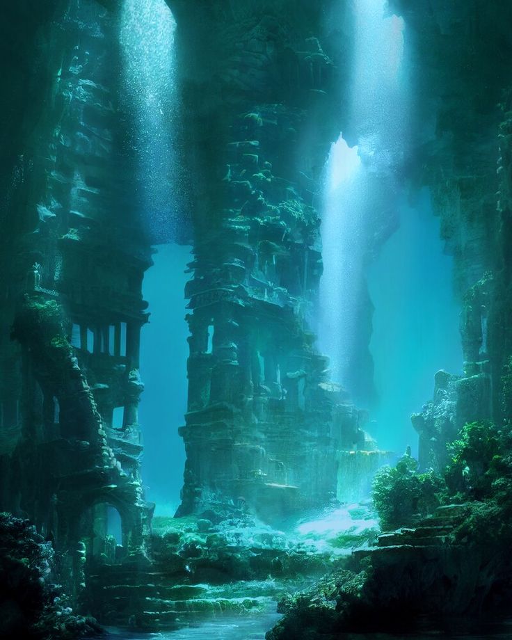 an underwater cave is shown with sunlight streaming through the water