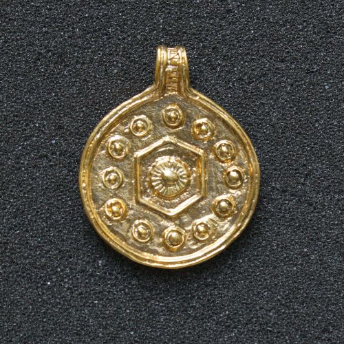 Solar pendant. The Dregovichi tribe, Western Rus, 11th Century. Brass. Size 33 (with earlet) x 27 mm Celestial Brass Medallion Jewelry, Celestial Round Pendant Jewelry In Brass, Copper Medallion Amulet Jewelry, Sun And Moon Brass Pendant Jewelry, Brass Sun And Moon Pendant Jewelry, Medieval Accessories, 11th Century, Solar, Brass