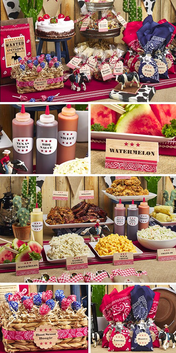 various pictures of different foods and desserts on display at an outdoor party or gathering