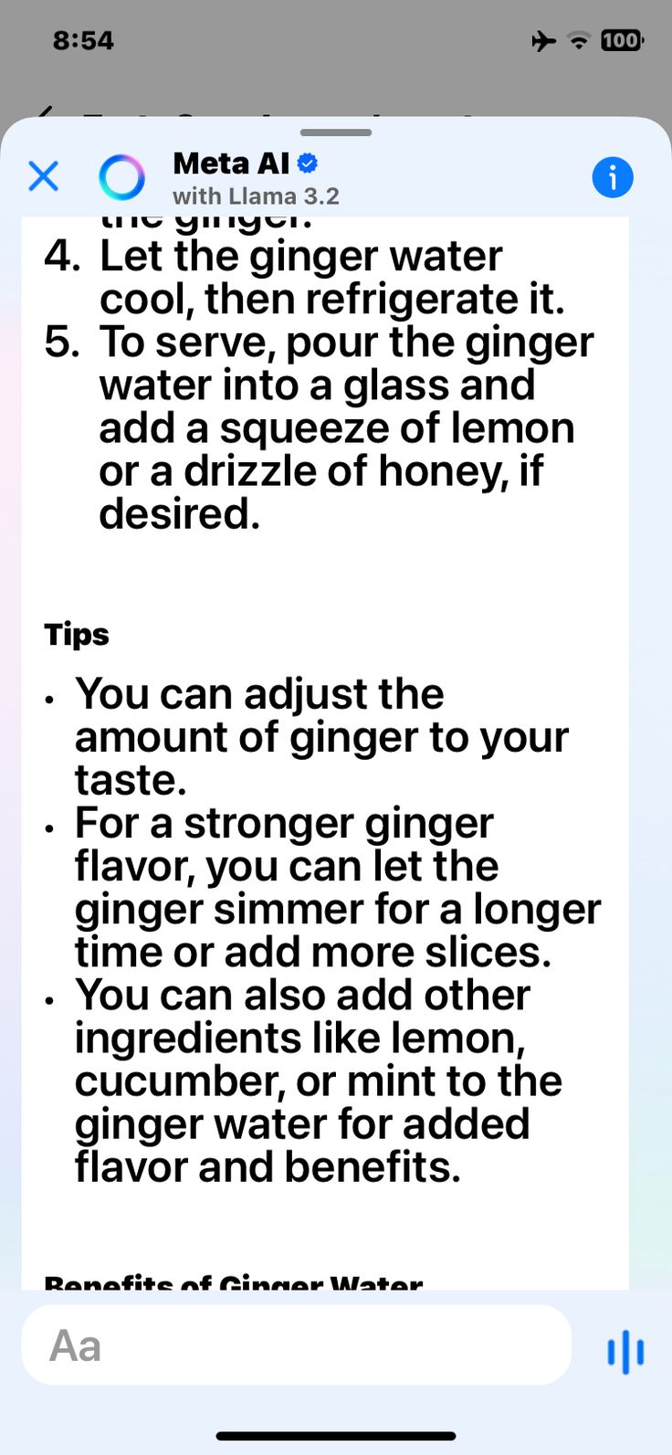 an iphone screen with the text'let the ginger water it for you to serve pour the ginger water into a glass and add