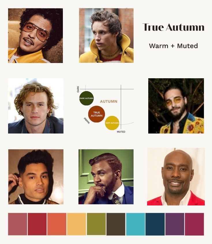 True autumn color palette for men True Autumn Color Palette Men, True Autumn Men, Dark Autumn Men, Soft Autumn Outfits Men, Soft Autumn Men, Skin Tone Dress Color, Male Styling, Suave Men, Skin Tone Dress