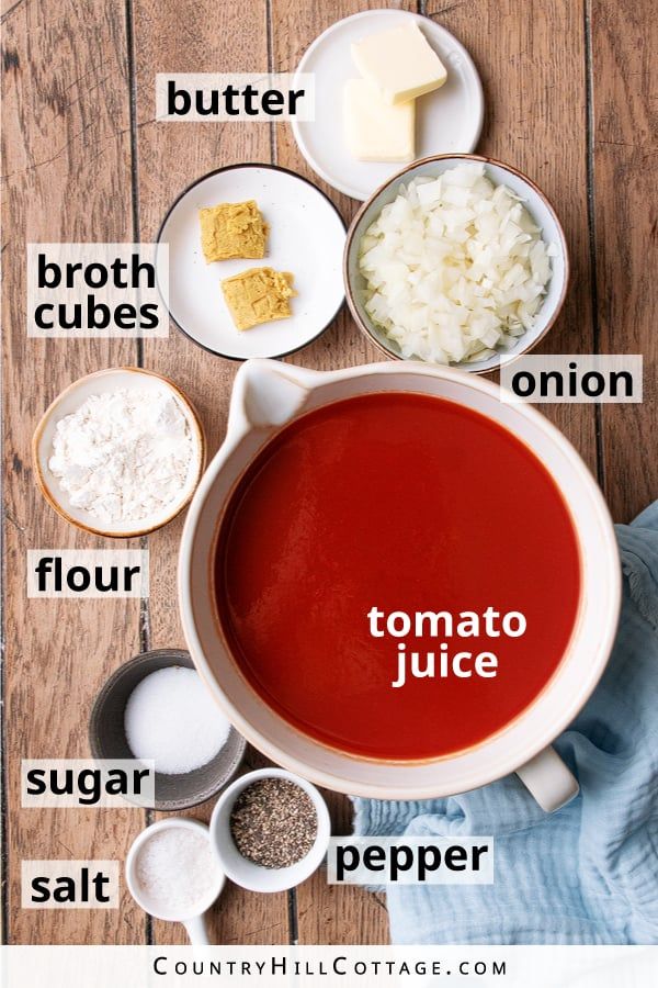 the ingredients to make tomato soup on a wooden table with text overlay that reads, how to make tomato juice