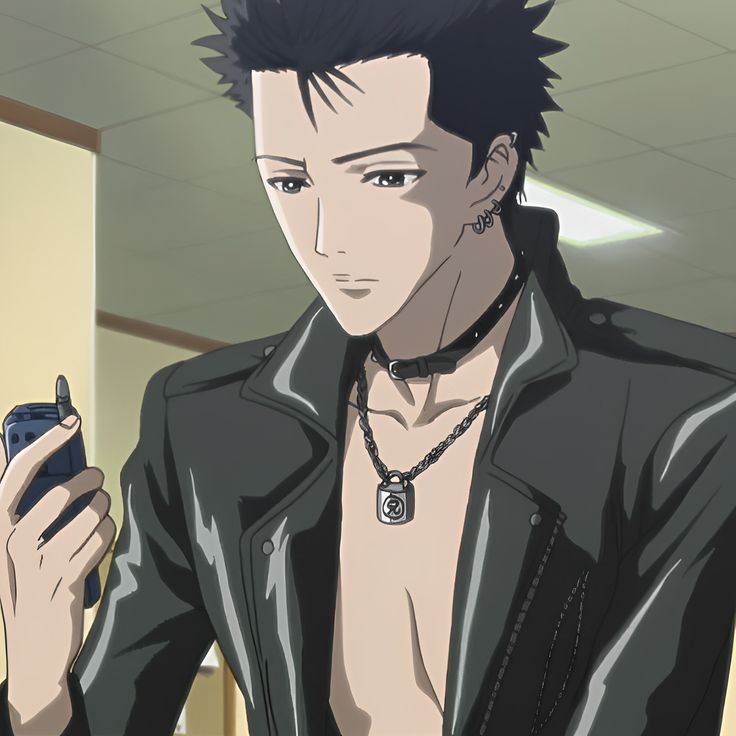 an anime character holding a cell phone and looking at his shirtless body while wearing a black leather jacket