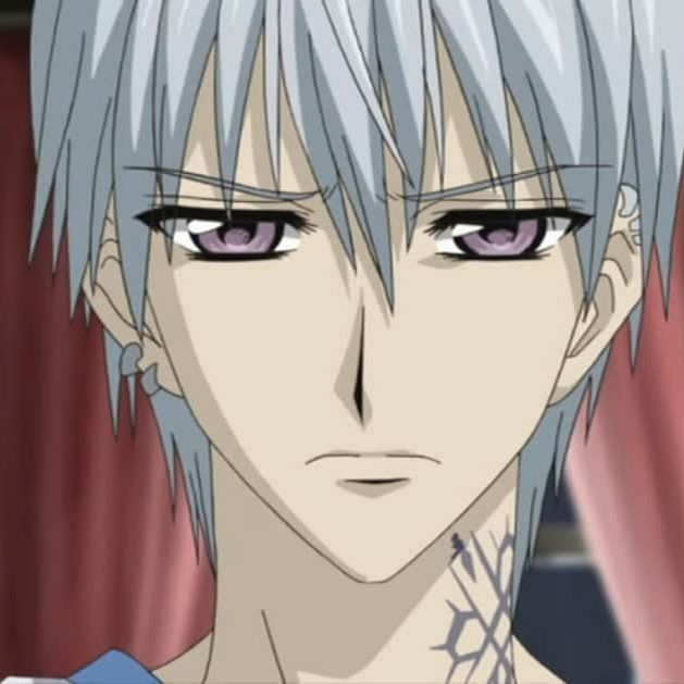 an anime character with grey hair and tattoos on his chest, staring at the camera