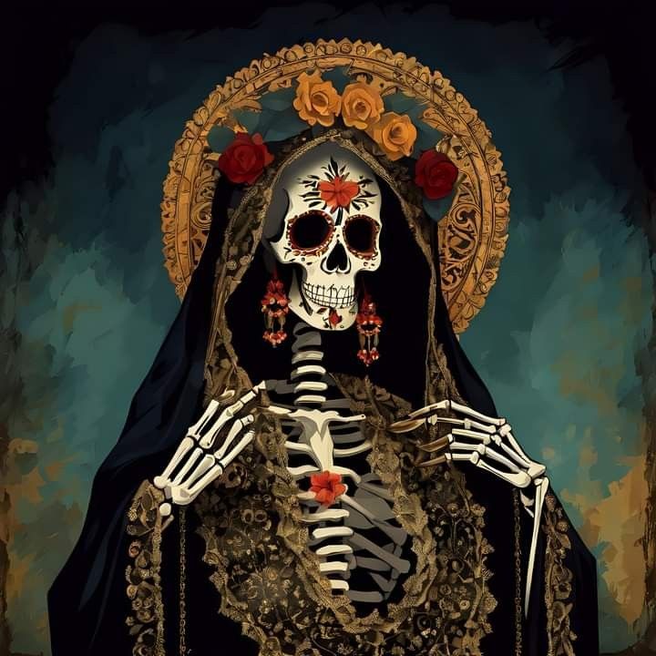 a painting of a skeleton with roses in her hair