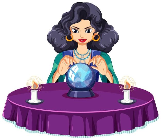 a woman sitting at the table with a crystal ball