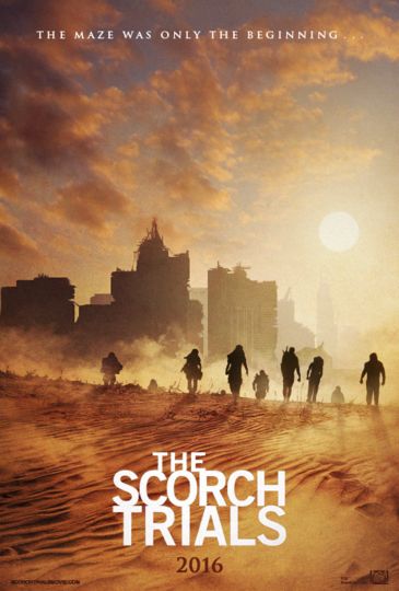 the scorch trials movie poster with silhouettes of people walking on sand dunes