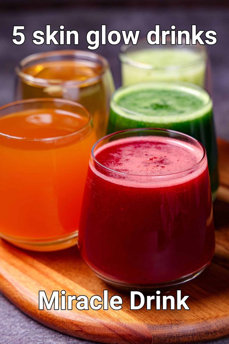 five glasses of different colored drinks sitting on top of a wooden tray with the words 5 skin glow drinks