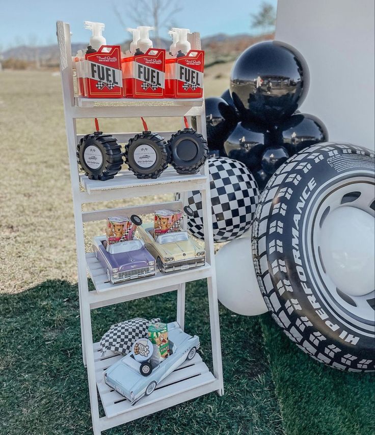 an assortment of tires and other items on display