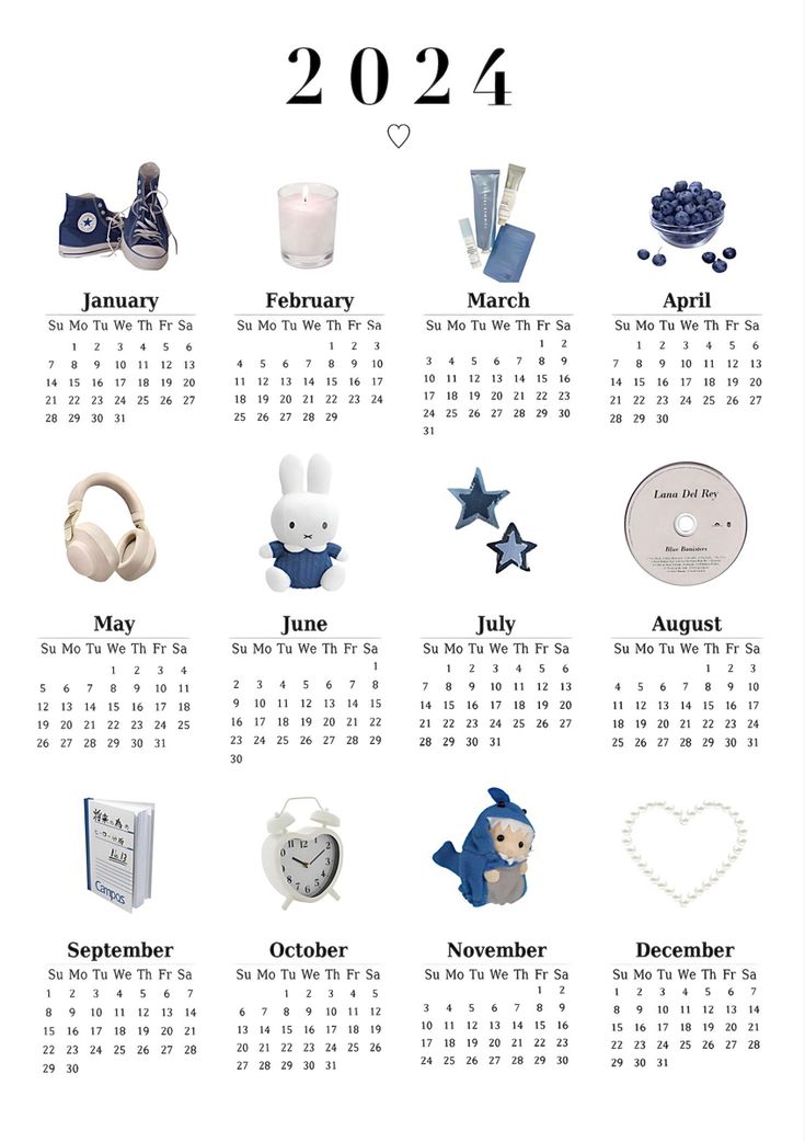 a calendar with various items on it