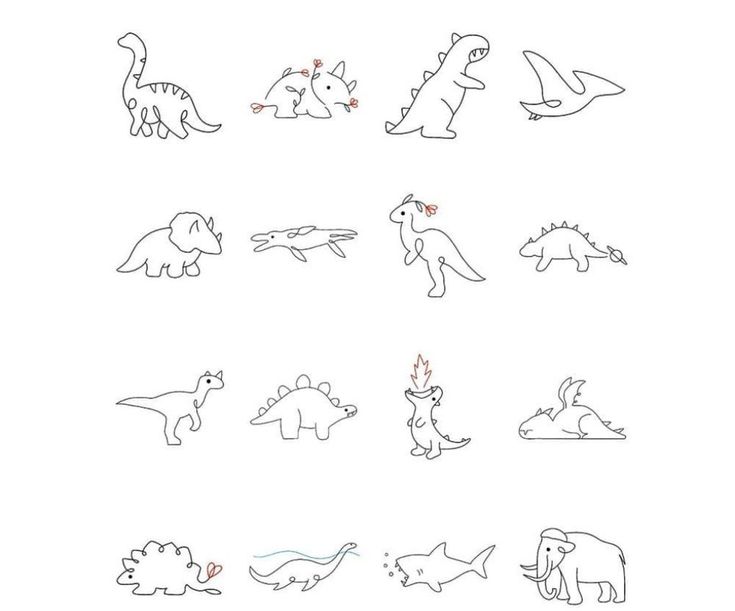 an image of dinosaurs that are drawn in different styles and sizes, including the one with