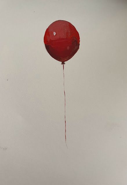 a painting of a red balloon floating in the air