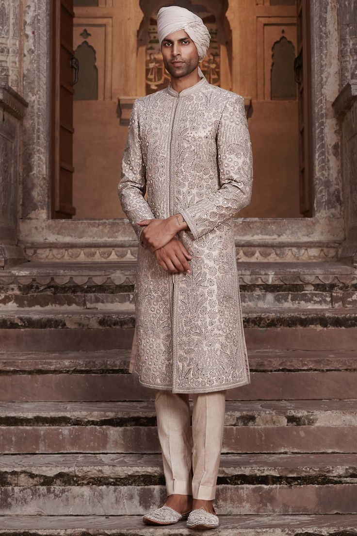 Matsya Men-Light Salmon Pink Sherwani And Kurta Set-INDIASPOPUP.COM Pink Sherwani, Dori Work, Wedding Kurta For Men, Modern Groom, Light Salmon, Men Cream, Salmon Pink, Kurta Set, Womens Size Chart