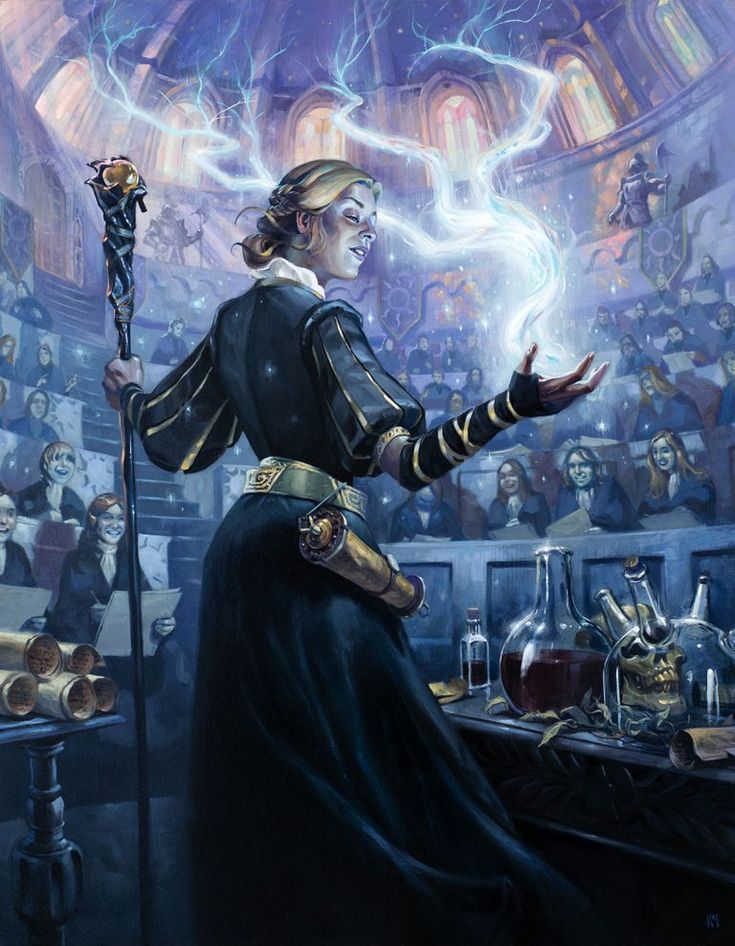 a painting of a woman holding a wand in front of a room full of people