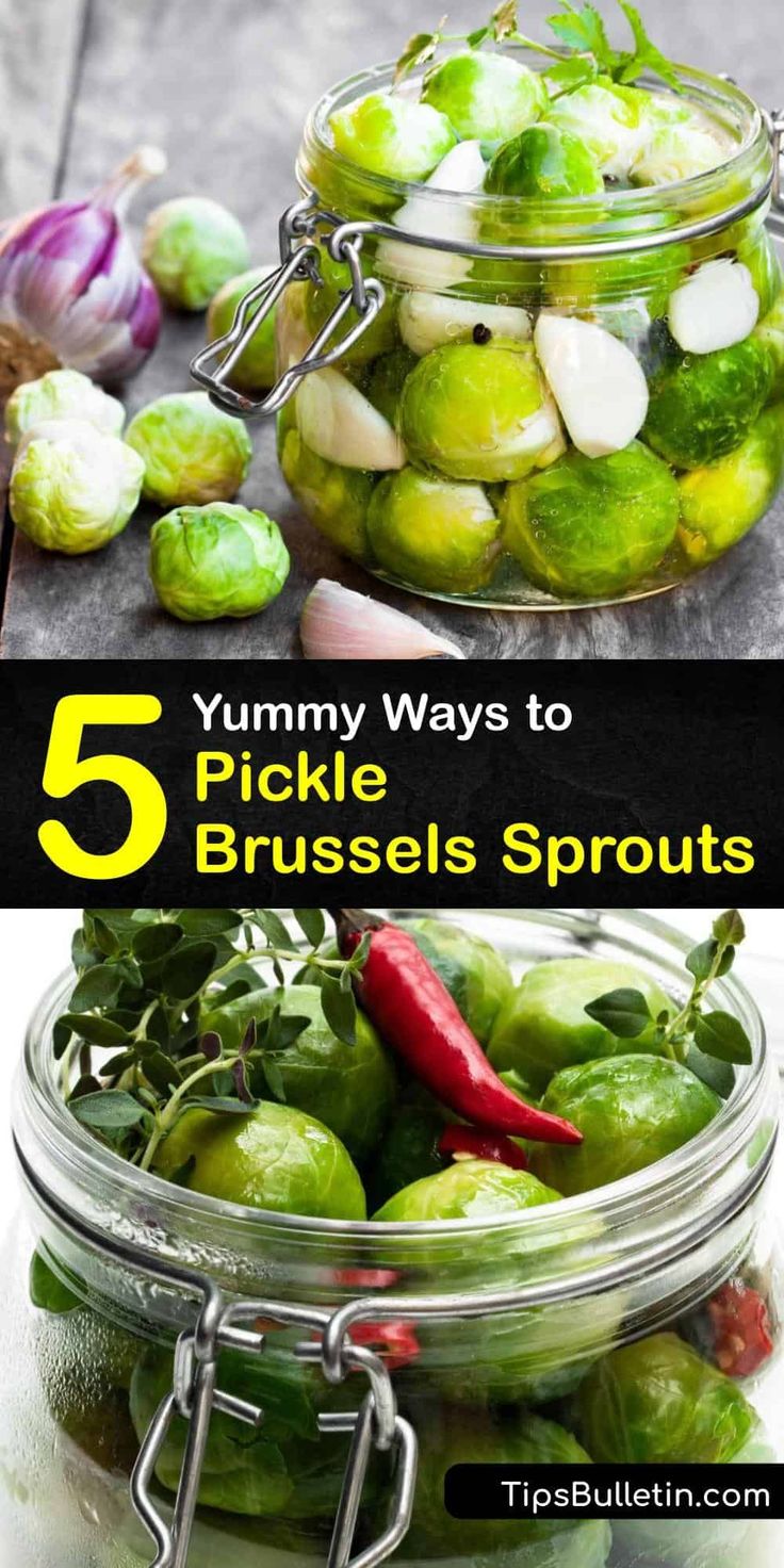 three different types of brussel sprouts in glass jars with text overlay that says 5 yummy ways to pickle brussels sprouts