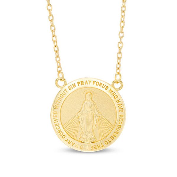 Celebrate her faith with this gleaming Virgin Mary medallion necklace. Fashioned in warm 10K gold, this thoughtful style showcases a traditional miraculous medal design gleaming with the profound "O Mary conceived without sin pray for us who have recourse to thee." On the back, the symbolic details are certain to be appreciated. Polished to a bright shine, this look suspends centered along a 17.0-inch cable chain that secures with a spring-ring clasp. Gold Round Pendant With Miraculous Medal, Gold Miraculous Medal Round Pendant Jewelry, Miraculous Medal Medallion Necklaces For Commemoration, Miraculous Medal Medallion Necklace For Commemoration, Miraculous Medal Medallion Necklace, 14k Gold Spiritual Miraculous Medal Jewelry And Charms, 14k Gold Spiritual Miraculous Medal Jewelry, Yellow Gold Necklace With Miraculous Medal Round Pendant, Yellow Gold Necklace With Miraculous Medal