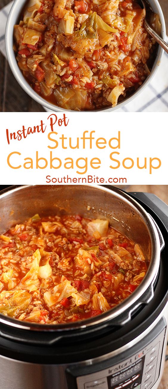 an instant pot stuffed cabbage soup in the crockpot is ready to be cooked