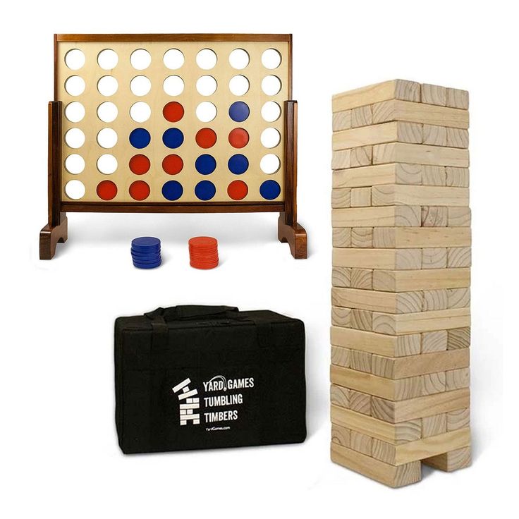 a wooden game set with two giant connect boards and an carrying bag for the board