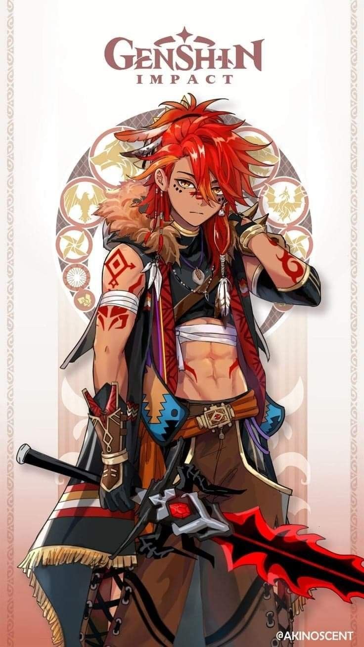 an anime character with red hair holding two swords