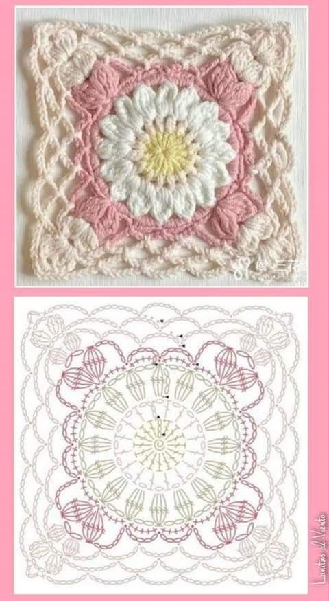 two crochet patterns, one in pink and the other in white with yellow center