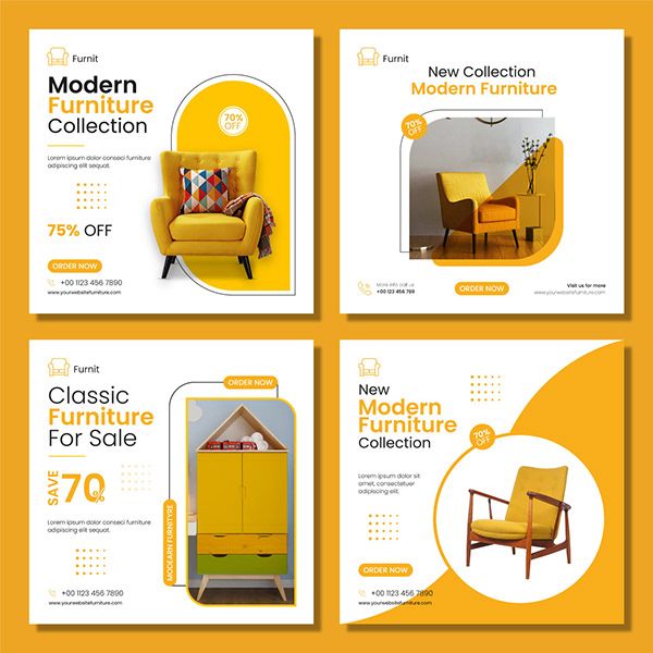 four yellow furniture adverts with different styles and colors, including one for the new collection