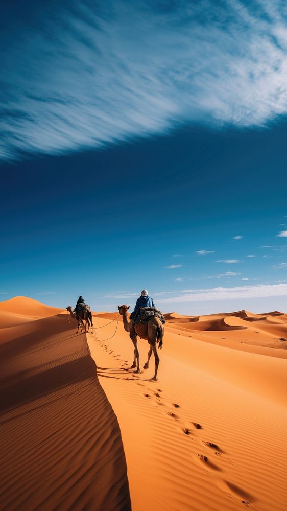 three people riding camels across the desert on a clear day with blue skies above