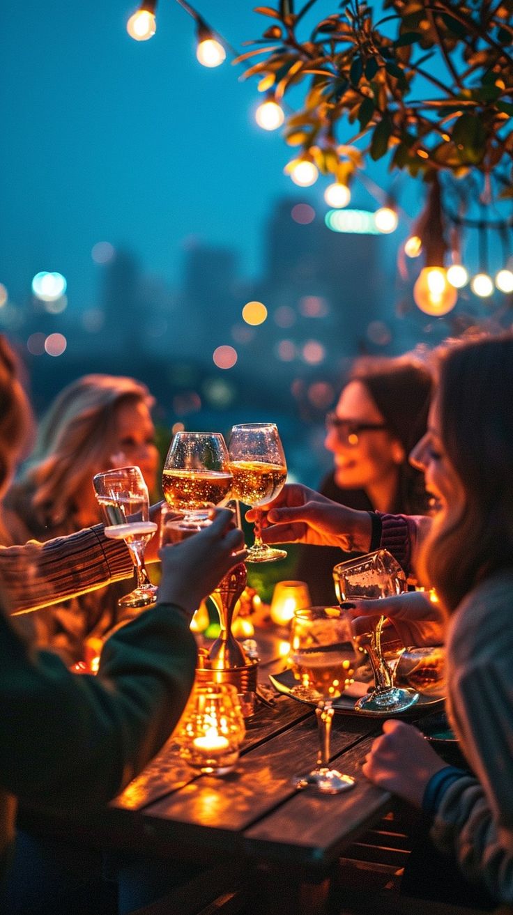 people sitting at a table with wine glasses in their hands and lights hanging from the ceiling