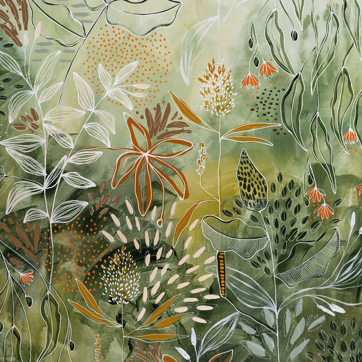 an abstract painting with flowers and leaves on green background, in shades of brown, orange, yellow and white