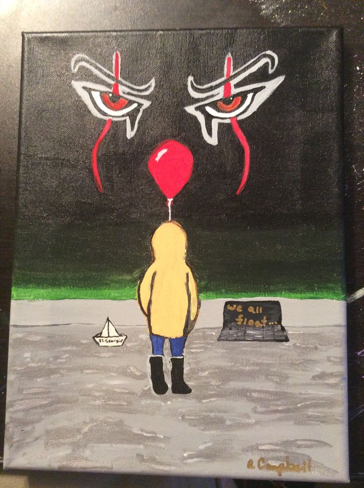 a painting of a person with a red balloon in front of two evil looking eyes