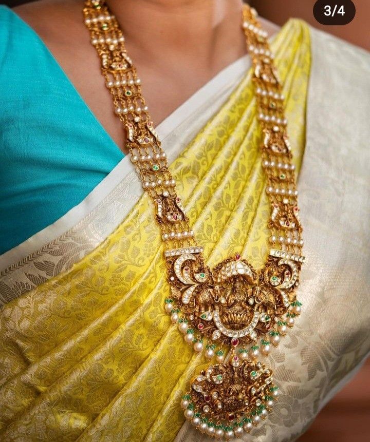 Rani Haram Designs Gold Latest, Rani Haram Designs Gold, Haram Designs Gold Latest, Rani Haram, Long Haram Designs, Indian Antique Jewellery, Gold Haram Designs, Heavy Jewellery, Sabyasachi Bridal