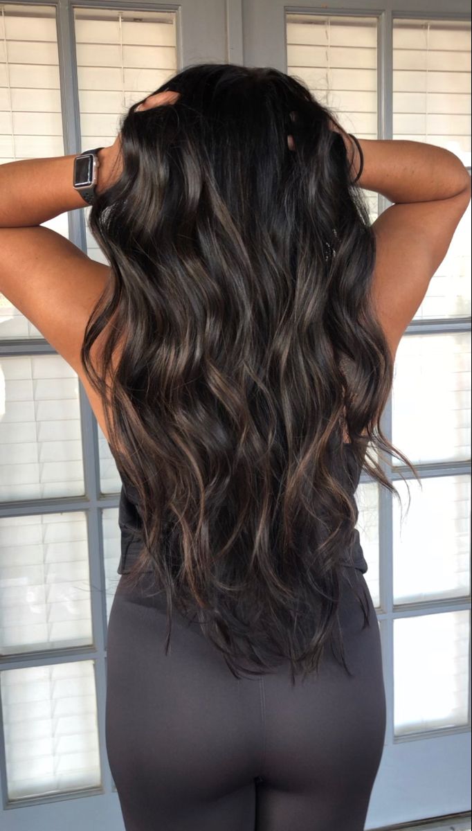 Long Dark Hair Trends 2023, Cool Toned Lived In Brunette, Long Dark Hair With Dimension, Dark Brown Hair With Cool Tones, Dark Chocolate Hair With Dimension, Lived In Dark Brunette Balayage, Black Babylights, Dark Brown Hair With Dimension Cool Tone Highlights, Balayage For Dark Skin Tone