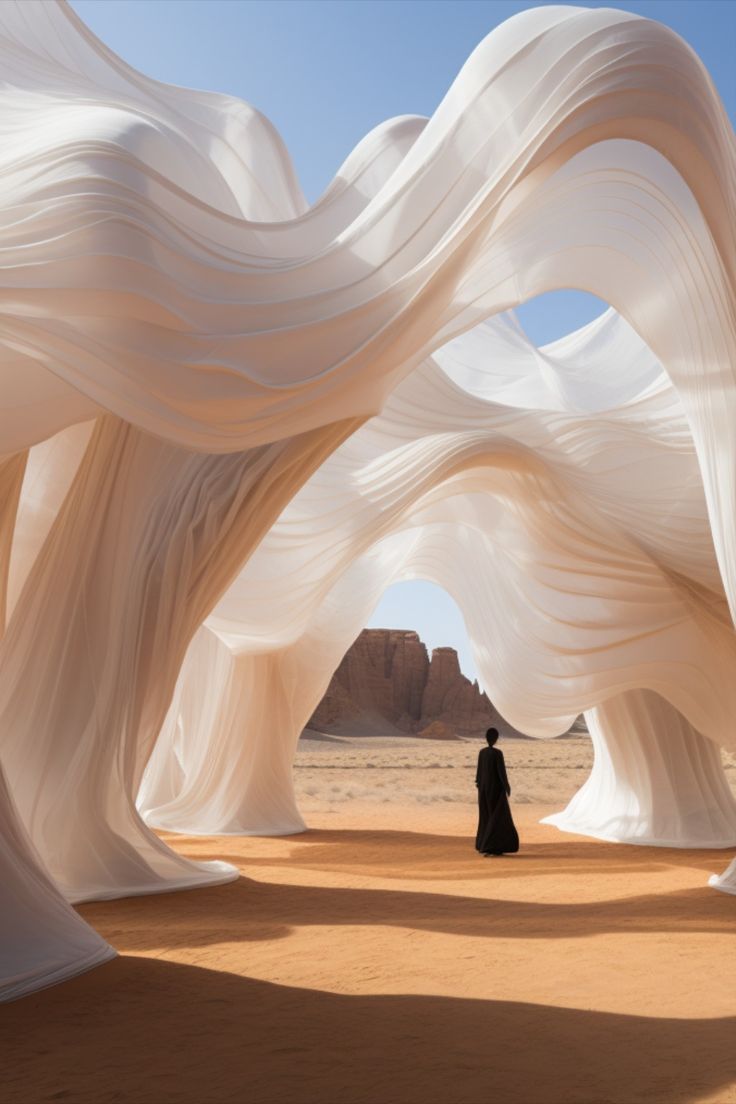 a woman standing in the middle of an open desert area with white fabric draped over her shoulders