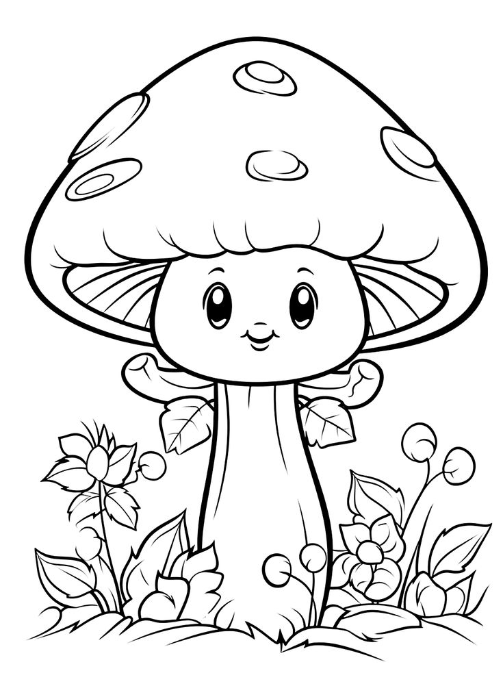 a cartoon mushroom sitting on the ground with leaves around it and eyes closed, outlined in black and white