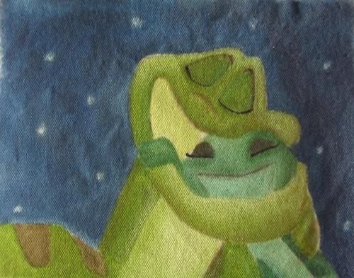 a drawing of a green frog sitting on top of a blue ground with stars in the background