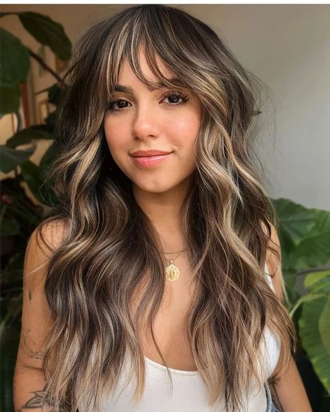 Natural Brown And Blonde Hair, Edgy Brunette Hair Color Highlights, Subtle Edgy Hair Color, Face Framing Curtain Bangs Highlights, Medium Brown Hair With Peekaboo Color, Brunette Blonde Peekaboo, Dark Brown Hair With Low Lights Framing Face, Money Piece Bangs Balayage, Money Piece Hair With Bangs Brown