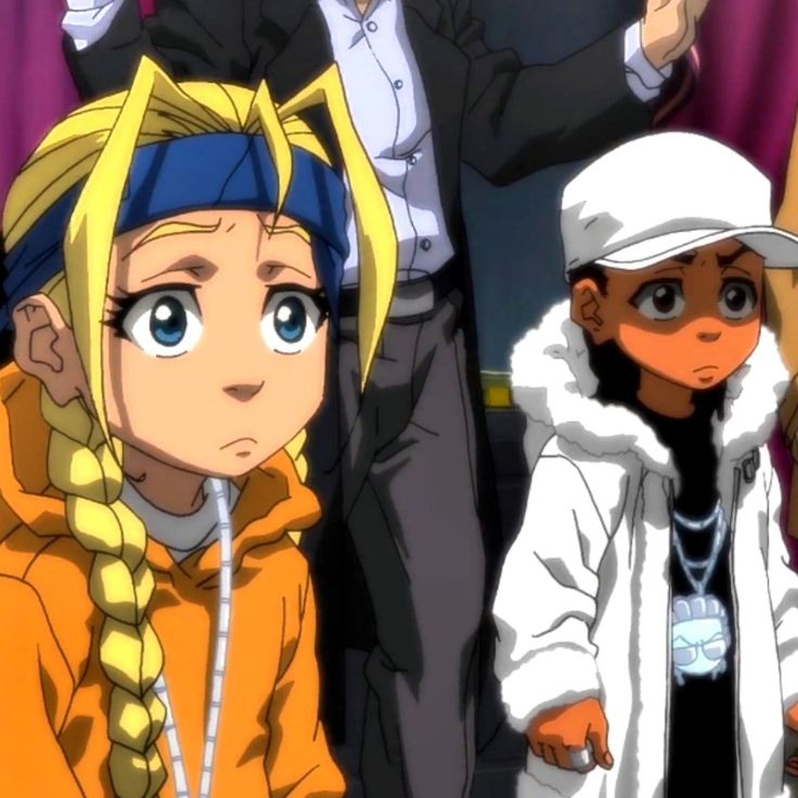 two anime characters are standing next to each other in front of a group of people