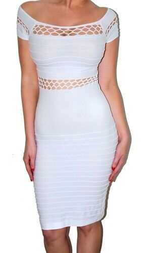 Sexy White Seamless Laser cut out Off shoulders Body con mini Dress 0/S New Glam #FF #bandagestyleBodyconDressCocktailDressPencilDressWiggleDress #PartyCocktail Celebrity White Dress, Hot Club Dresses, Beach Bridal Party, Vegas Dress, Seamless Clothing, Net Sleeves, Celebrity Style Dresses, Bridal Party Dress, Crochet Net