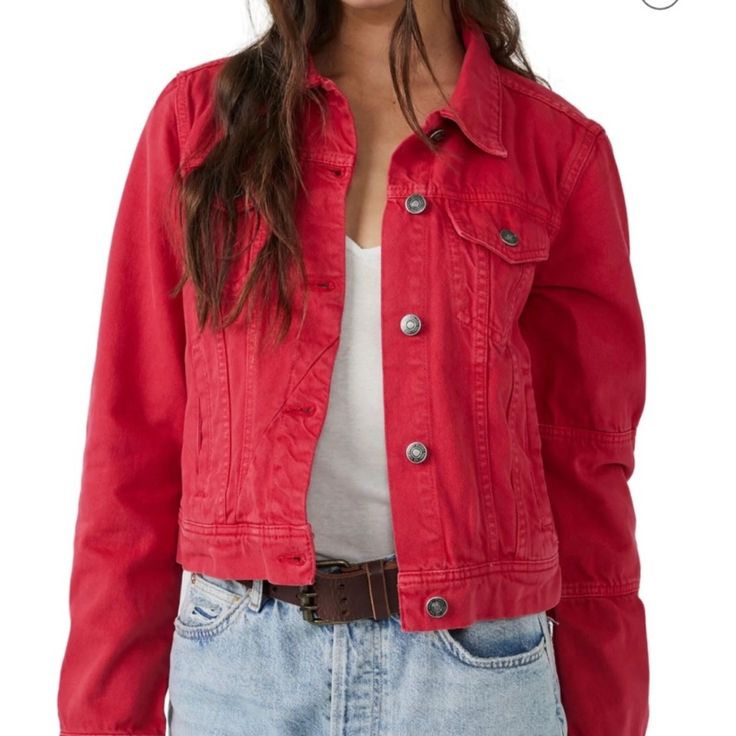 Never Wore This But Unfortunately Cut The Tags Red Is Just Not My Color It’s Wasting Time In My Closet Fitted Red Denim Jacket For Fall, Red Cotton Outerwear For Spring, Red Long Sleeve Denim Jacket For Fall, Casual Red Outerwear, Red Cotton Outerwear For Fall, Red Spring Outerwear With Pockets, Casual Red Cotton Outerwear, Trendy Red Outerwear With Button Closure, Red Denim Jacket With Pockets For Spring