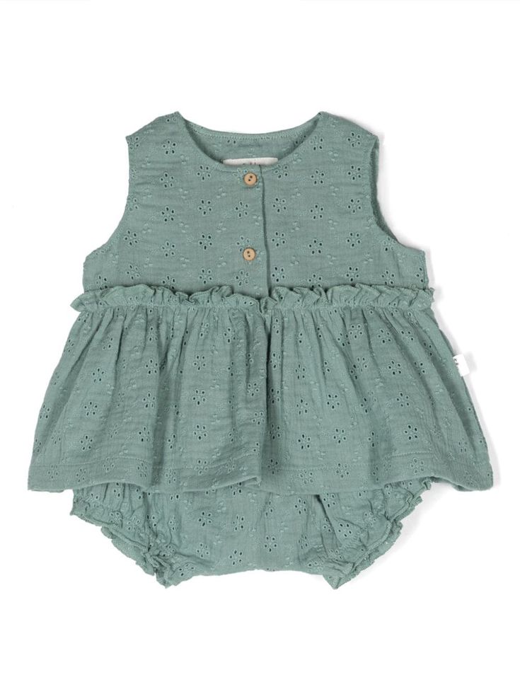 parakeet green cotton broderie anglaise ruffled trim round neck short front button fastening sleeveless flared hem matching bloomers Spring Cotton Sets For Daywear, Spring Cotton Daywear Sets, Cotton Sets For Daywear In Spring, Summer Cotton Daywear Sets, Summer Sets With Ruffle Hem And Fitted Design, Summer Sets With Fitted Ruffle Hem, Summer Casual Sets With Ruffle Hem, Casual Summer Sets With Ruffle Hem, Casual Ruffle Hem Sets For Spring