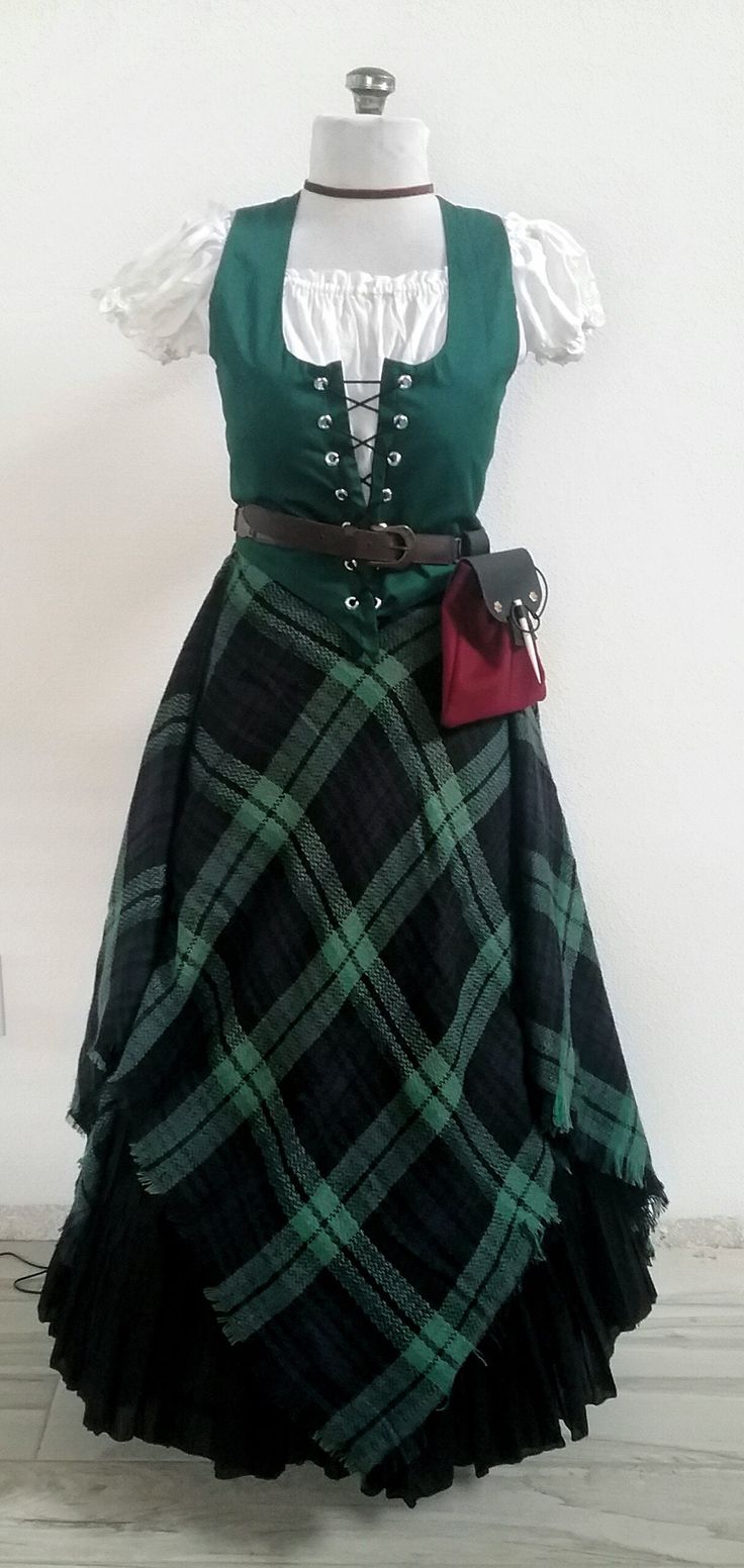 "Complete 3 or 4 Piece Ensemble You Can Style the Tartan for many different looks! USE BODICE SIZE CHART TO PICK SIZE, NOT DRESS SIZE < SKIRT Over 10 Yard Wide skirt! 100% Cotton Non Roll Elastic waistband with drawstring 36\" Long Waist - Up to 40\" Message me for larger sizes & more colors Highlander Woman Costume, Celtic Blue Dress, Women’s Tartan Outfit, Irish Cultural Clothing, Celtic Woman Costume, Irish Dress Traditional, Celtic Dress Pattern, Medieval Celtic Clothing, Celtic Clothing Women