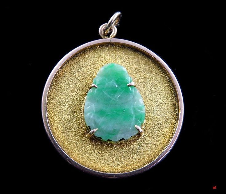 Presented is a nice, 14 karat yellow gold and carved jadeite stone pendant made during the 1920s or possibly the 1930s. The 14 karat gold circle is textured and the center is securely prong set with a hand carved jadeite Buddha. The back is marked 14K. This piece has been tested with nitric acid and is guaranteed to be 14 karat gold purity. This piece is in excellent overall condition. There are no damages and no repairs. The pendant measures 1 1/8 inches in diameter. Weight: 4.3 grams. Antique Jewelry Necklace, Marcasite Ring, Saltwater Pearls, Locket Pendant Necklace, Vintage Lockets, Retro Costume, Gold Circle, Diamond Solitaire Engagement Ring, Gold Enamel