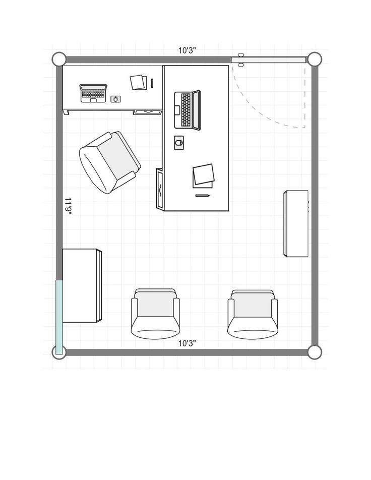 the floor plan for a bedroom and living room, with furniture on each side of the bed