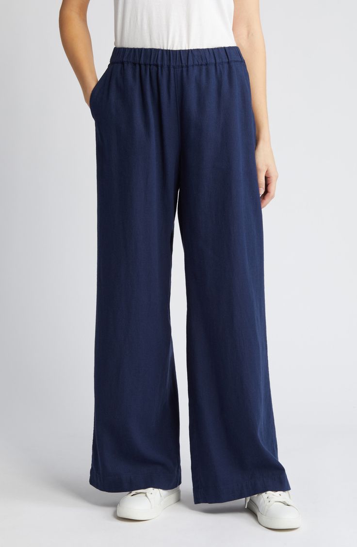 Cut from a breezy linen blend with a high waist and wide legs, these pull-on pants are a cool remake of a closet classic. 30" regular inseam; 25" leg opening; 11 12" front rise; 16" back rise (size Medium) 28" petite inseam; 24" leg opening; 11" front rise; 15" back rise (size Medium P) Elastic waist Front slant pockets; faux back welt pocket 55% linen, 45% rayon Machine wash, tumble dry Imported Women's Clothing Solid Linen Wide Leg Pants With Relaxed Fit, Solid Color Linen Wide Leg Pants With Elastic Waistband, Relaxed Fit Full Length Wide Leg Vacation Pants, Relaxed Fit Wide Leg Vacation Pants, Spring Relaxed Fit Wide Leg Pants In Flax Color, Wide Leg Linen Pants For Loungewear, Spring Wide Leg Pants In Flax With Relaxed Fit, Wide Leg Flax Bottoms For Loungewear, Relaxed Wide Leg Linen Bottoms