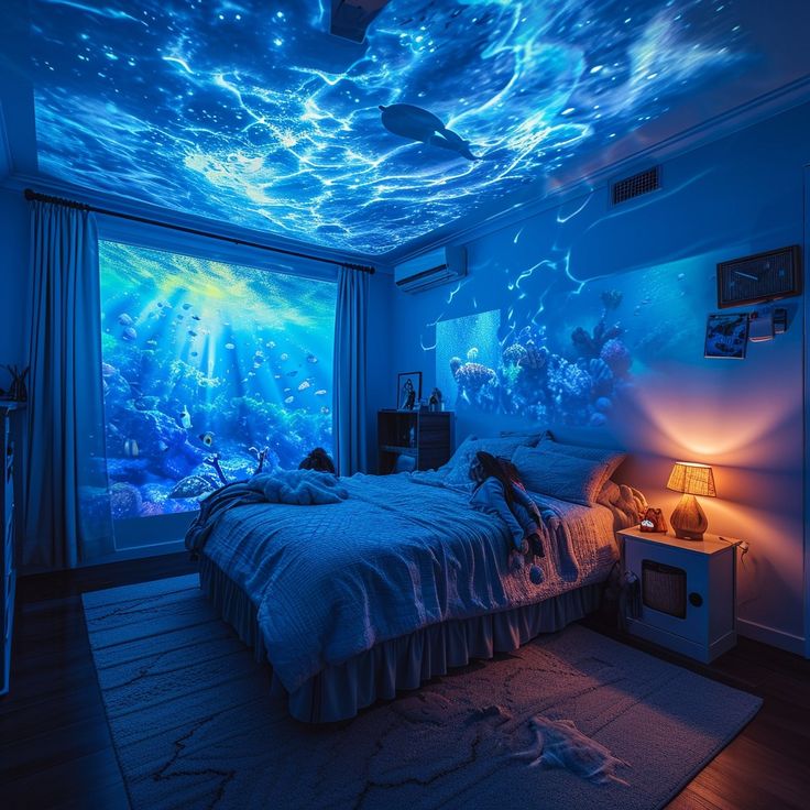 Dreamy Bedroom Ambiance: A serene bedroom bathed in blue light, depicting underwater scenes and a starry night sky. #bedroom #blue #underwater #starry #night #aiart #aiphoto #stockcake ⬇️ Download and 📝 Prompt 👉 https://stockcake.com/i/dreamy-bedroom-ambiance_145604_18745 Underwater Theme Bedroom, Night Sky Bedroom, Ocean Room Aesthetic, Starry Night Bedroom, Sky Bedroom, Underwater Bedroom, Underwater Room, Ocean Bedroom, Light Blue Bedroom