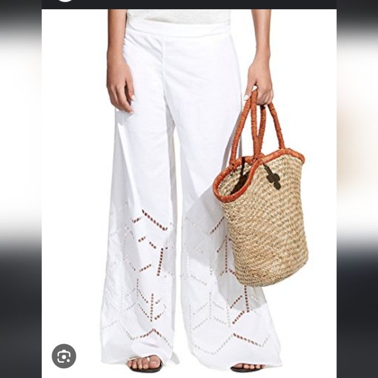 White Wide-Leg Resort Pants. Chic Cotton Beach Pants, Chic Cotton Pants For Beach Season, White Ankle-length Beach Pants, Cotton Pants For Beach Season Day Out, Summer Ankle-length Beach Pants, Chic Cotton Pants For Beach, White Straight Leg Beach Pants, White Straight Leg Pants For Beach, White Ankle-length Wide Leg Pants For Vacation