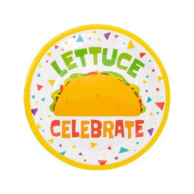 a paper plate that says lettuce celebrate with a taco on it and confetti