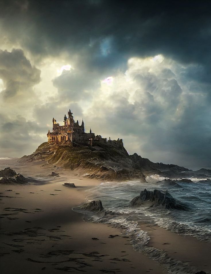 a castle sitting on top of a sandy beach next to the ocean